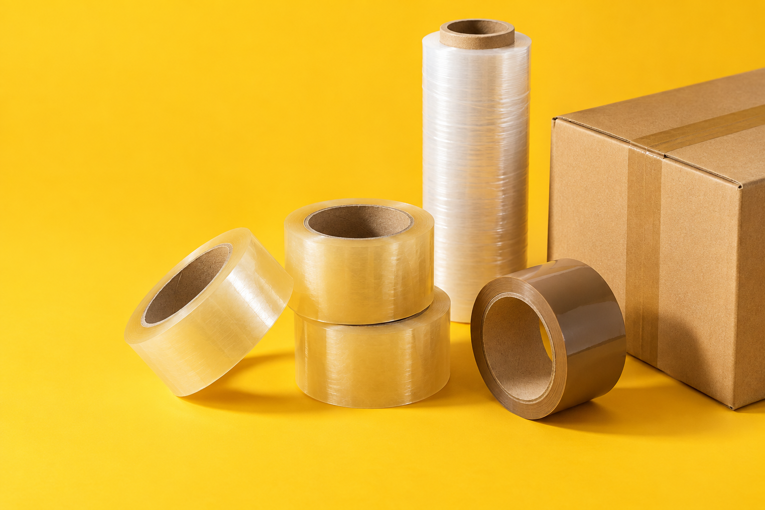 Rollos de cinta de embalaje, stretch film y una caja preparada para envío